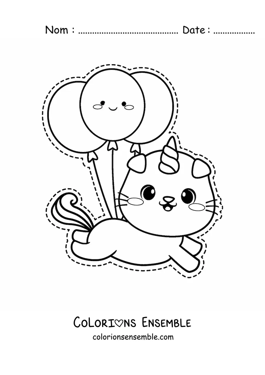 Image à colorier d'un chat-licorne kawaii qui flotte avec des ballons d'anniversaire