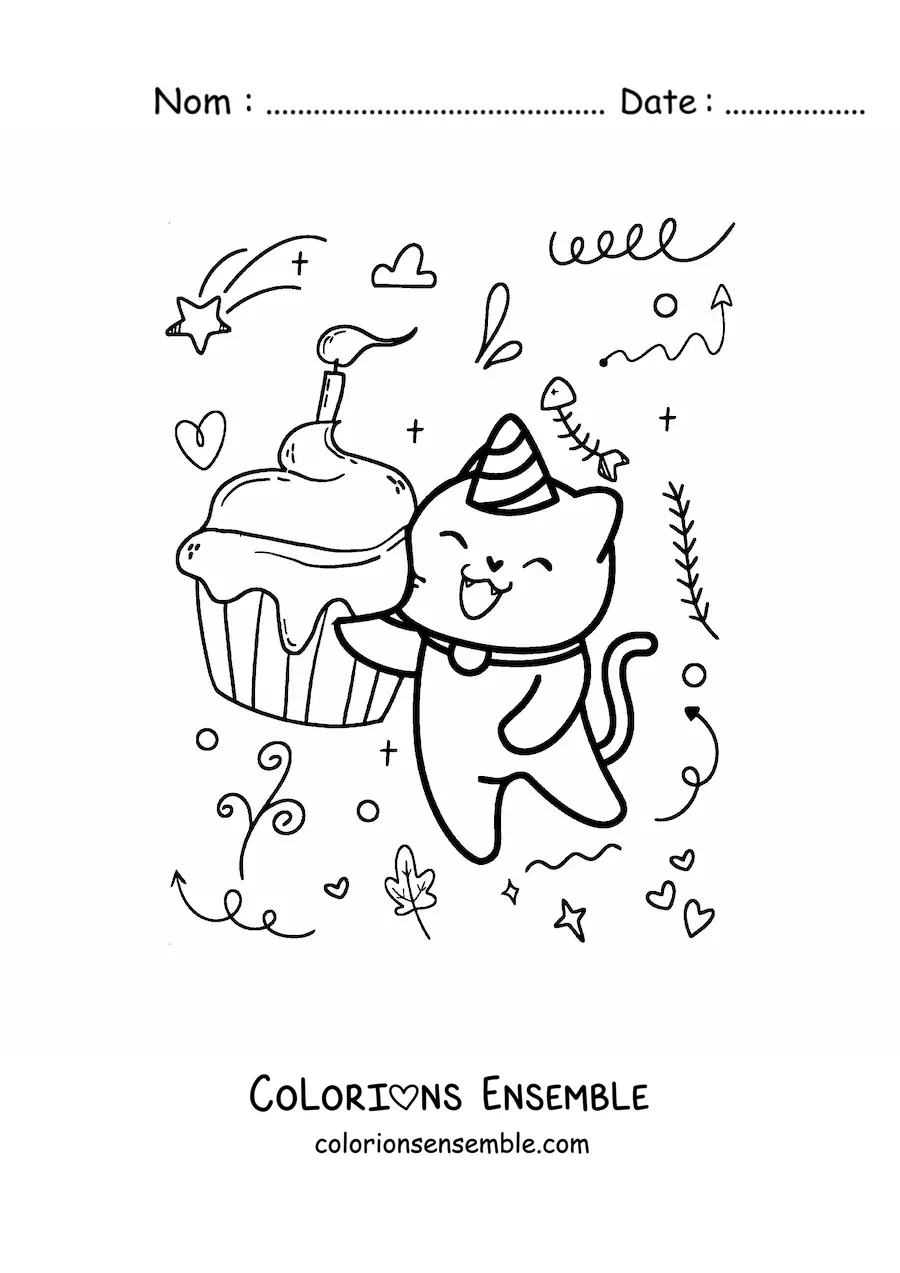 Image à colorier d'un chat d'anniversaire kawaii avec un cupcake à une fête