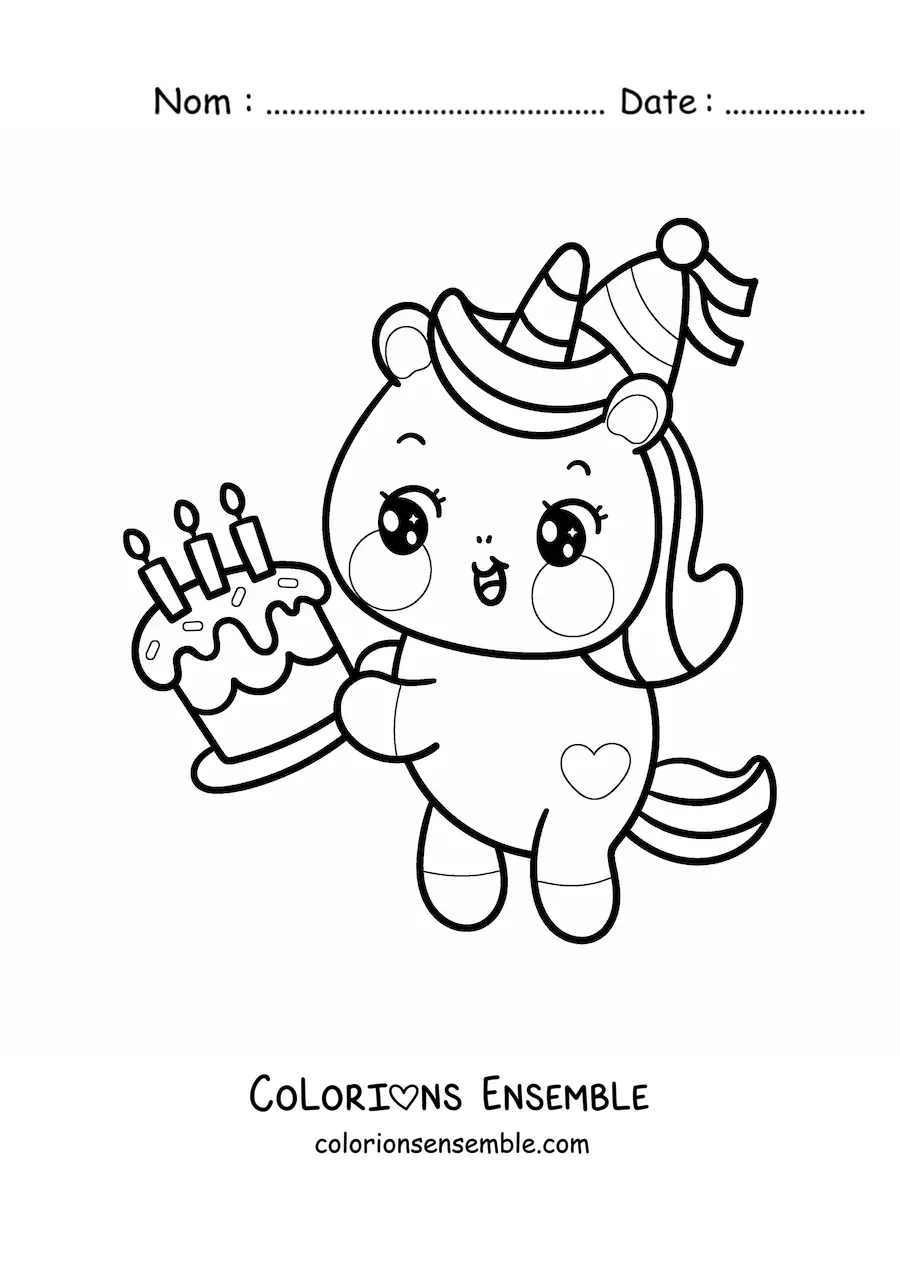 Image à colorier d'une licorne d'anniversaire kawaii avec un gâteau d'anniversaire