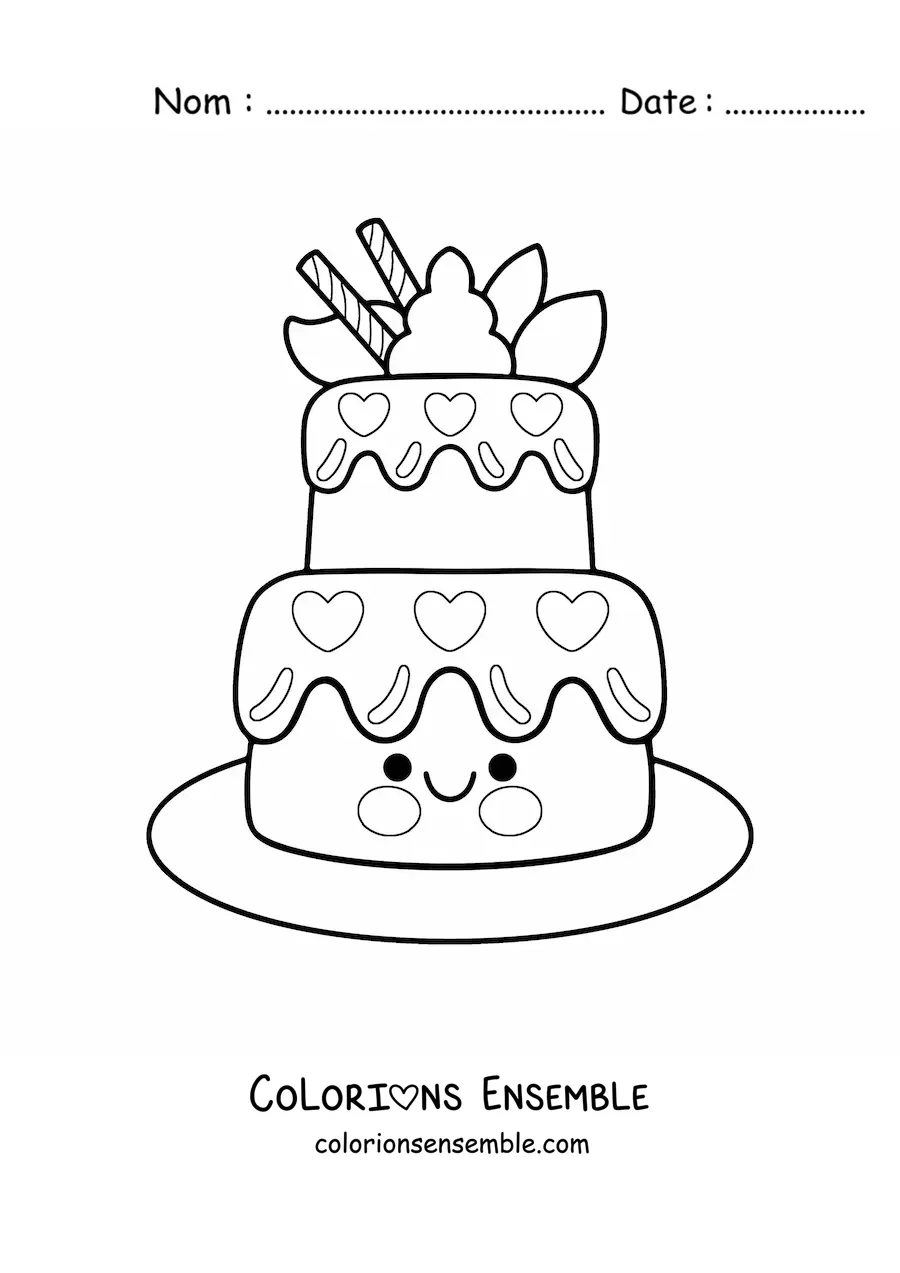 Image à colorier d'un gâteau d'anniversaire kawaii tout animé