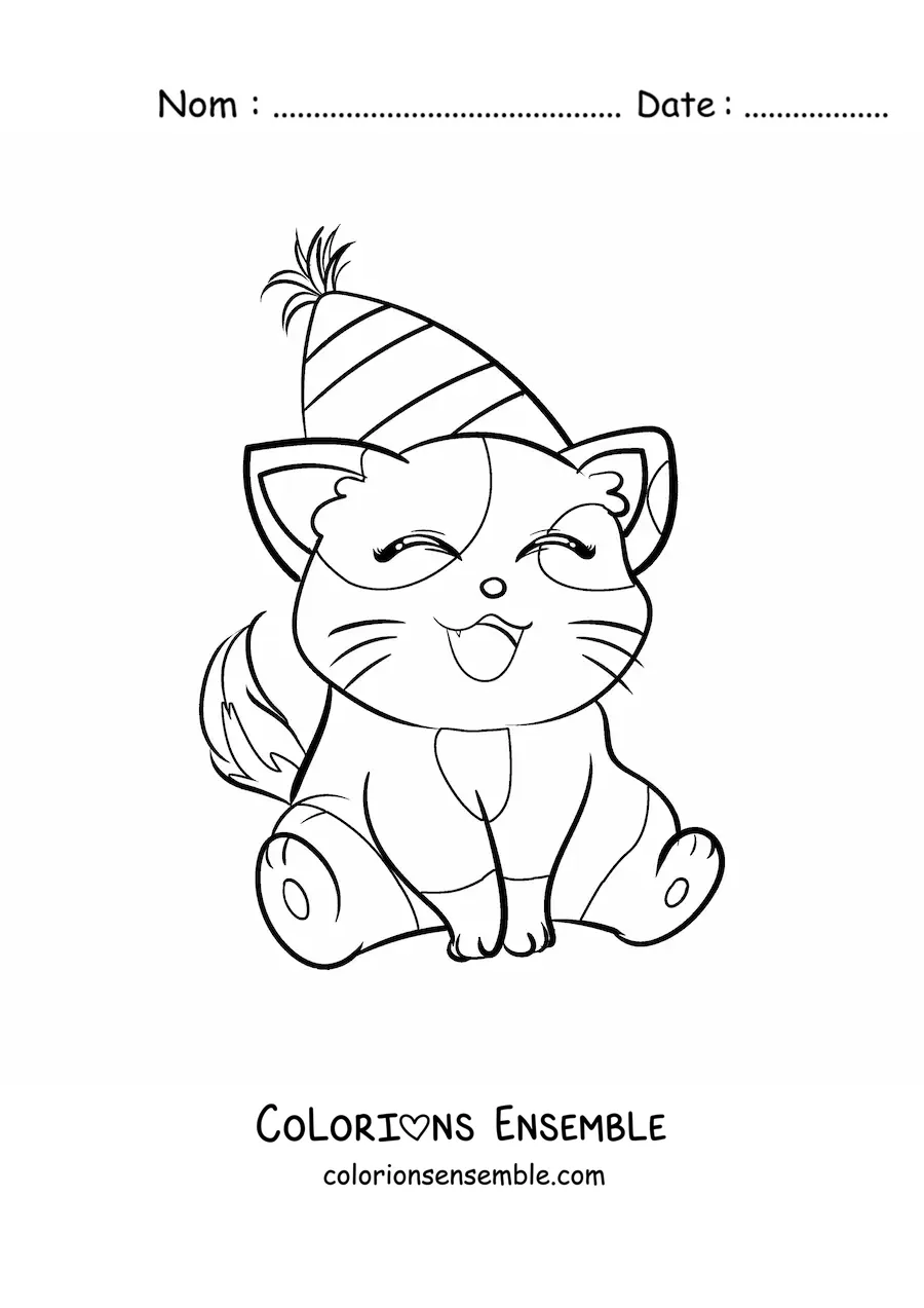 Image à colorier d'un chaton d'anniversaire kawaii tout animé