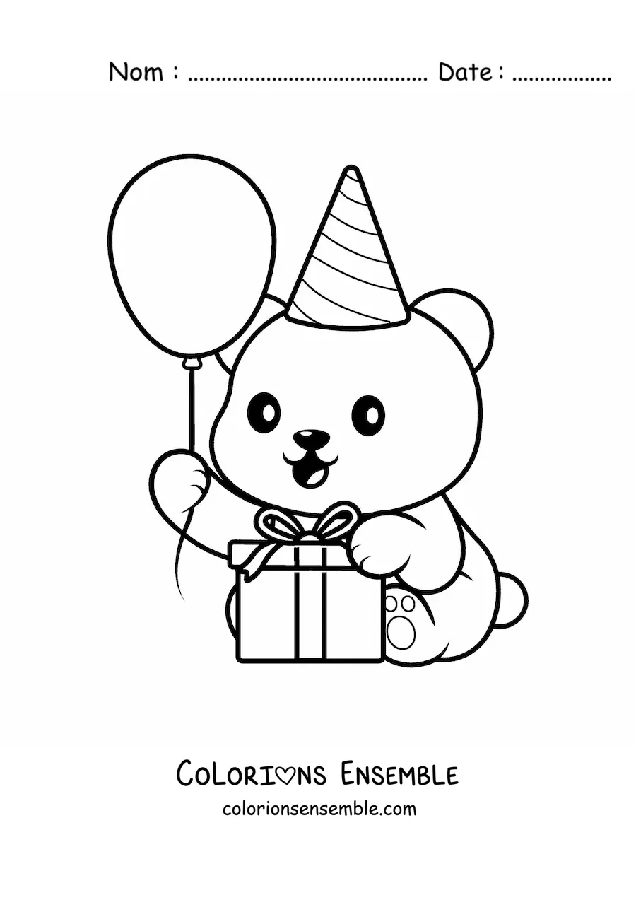 Image à colorier d'un ours d'anniversaire kawaii avec un cadeau et un ballon
