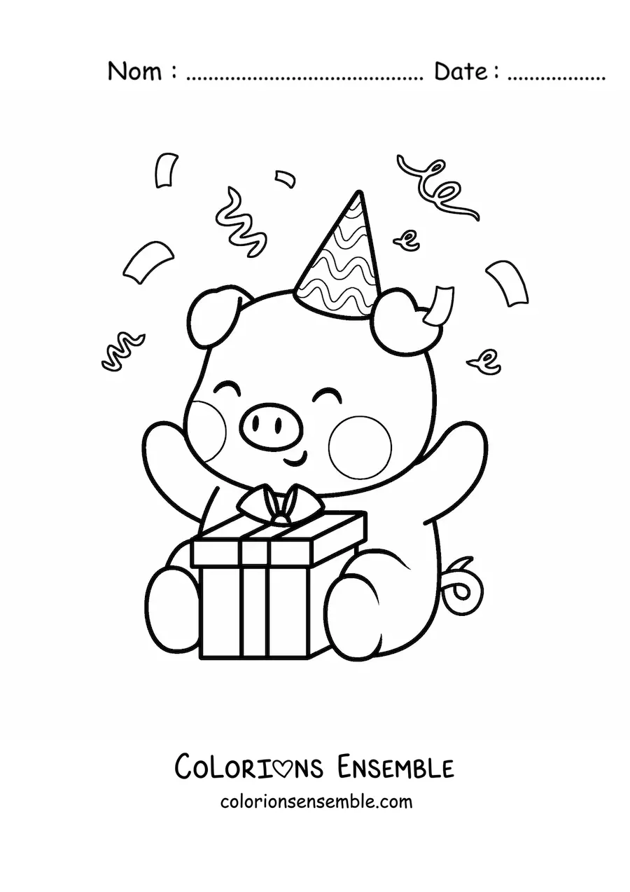 Image à colorier d'un cochon d'anniversaire kawaii assis avec un cadeau et des confettis