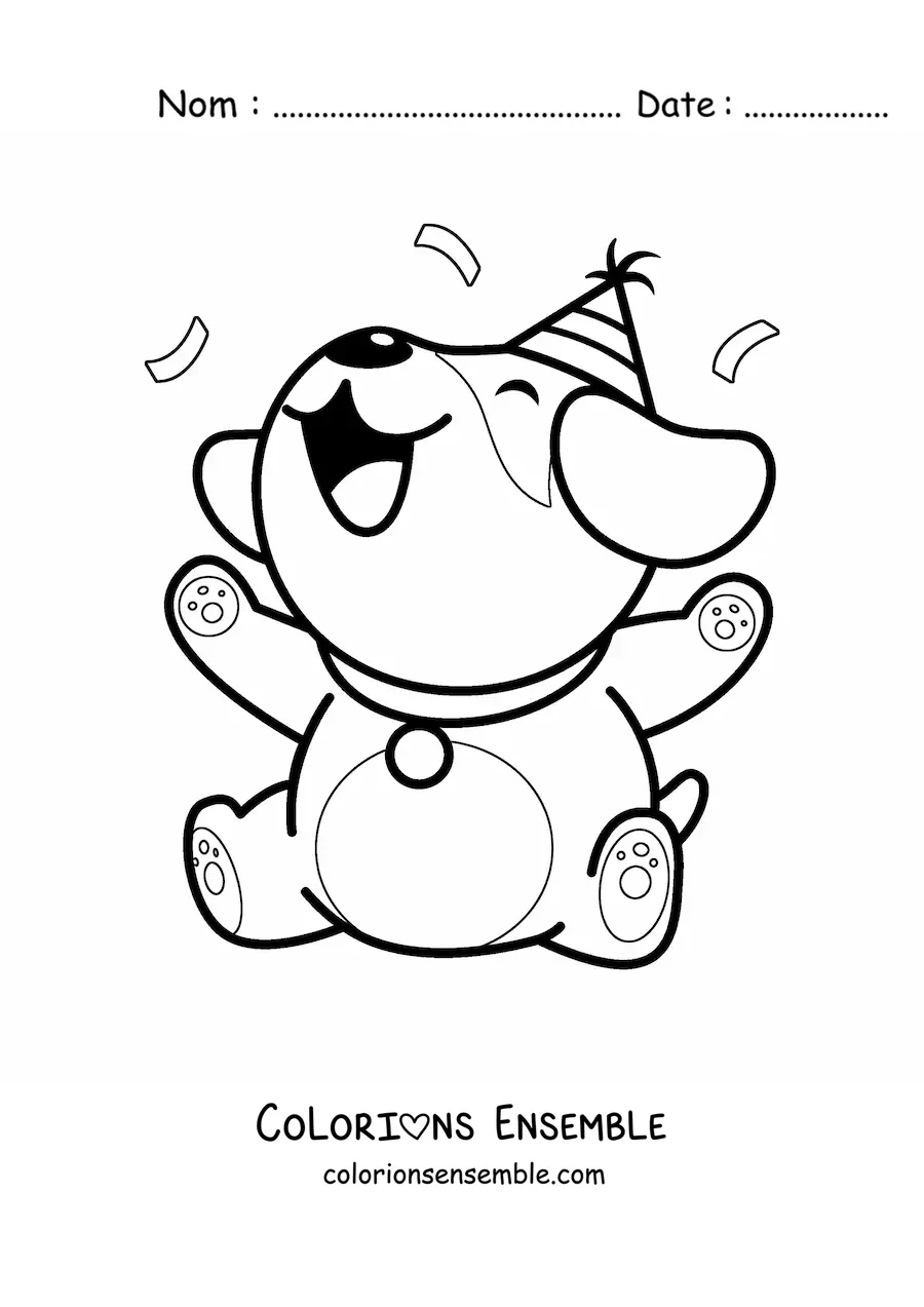 Image à colorier d'un chiot d'anniversaire kawaii tout animé