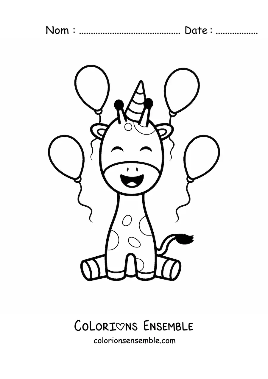 Image à colorier d'une girafe d'anniversaire kawaii toute animée