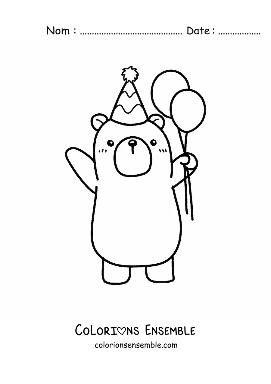 Image à colorier d'un ours d'anniversaire kawaii avec un ballon et un chapeau de fête