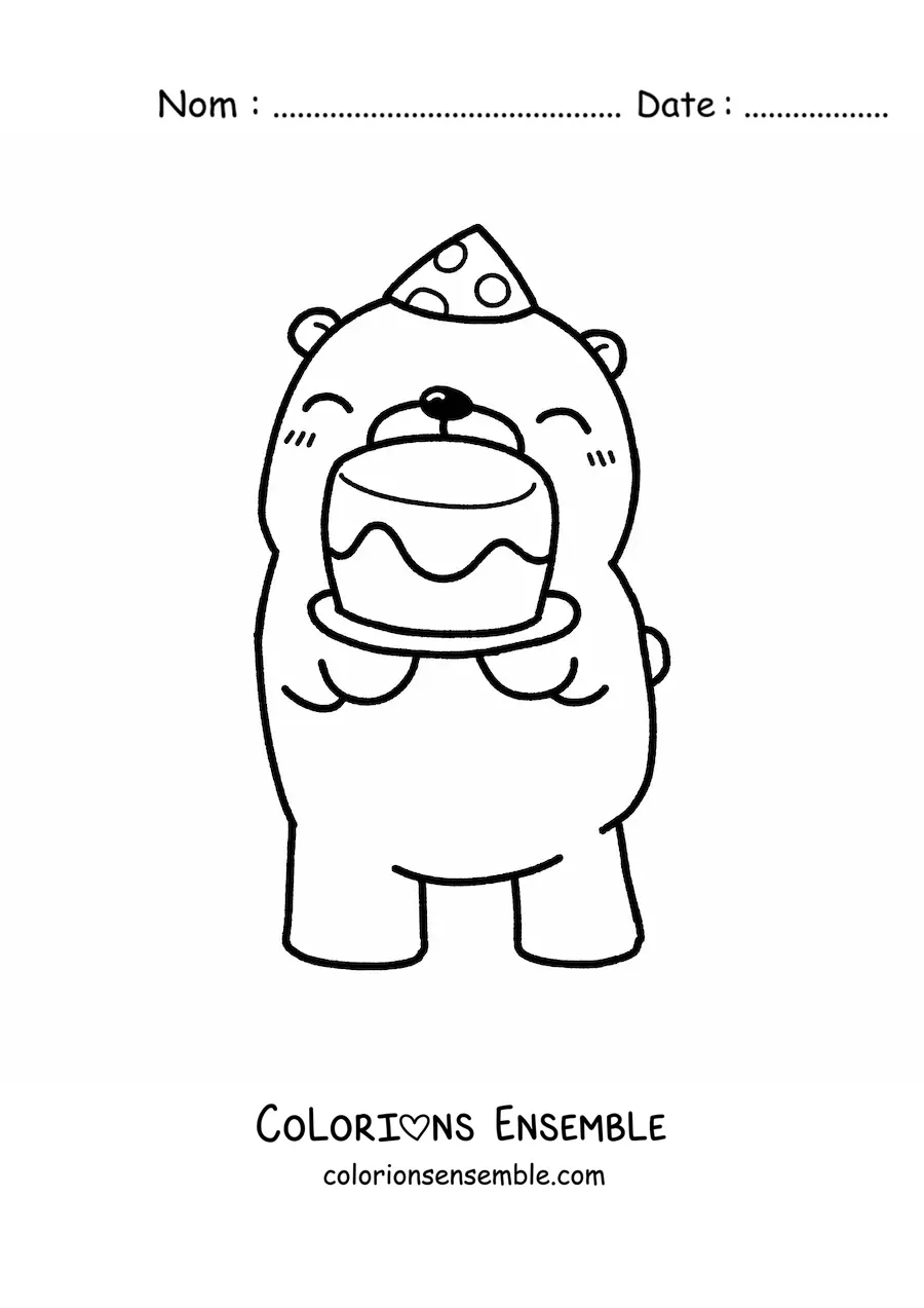 Image à colorier d'un ours d'anniversaire kawaii avec un gâteau et un chapeau de fête