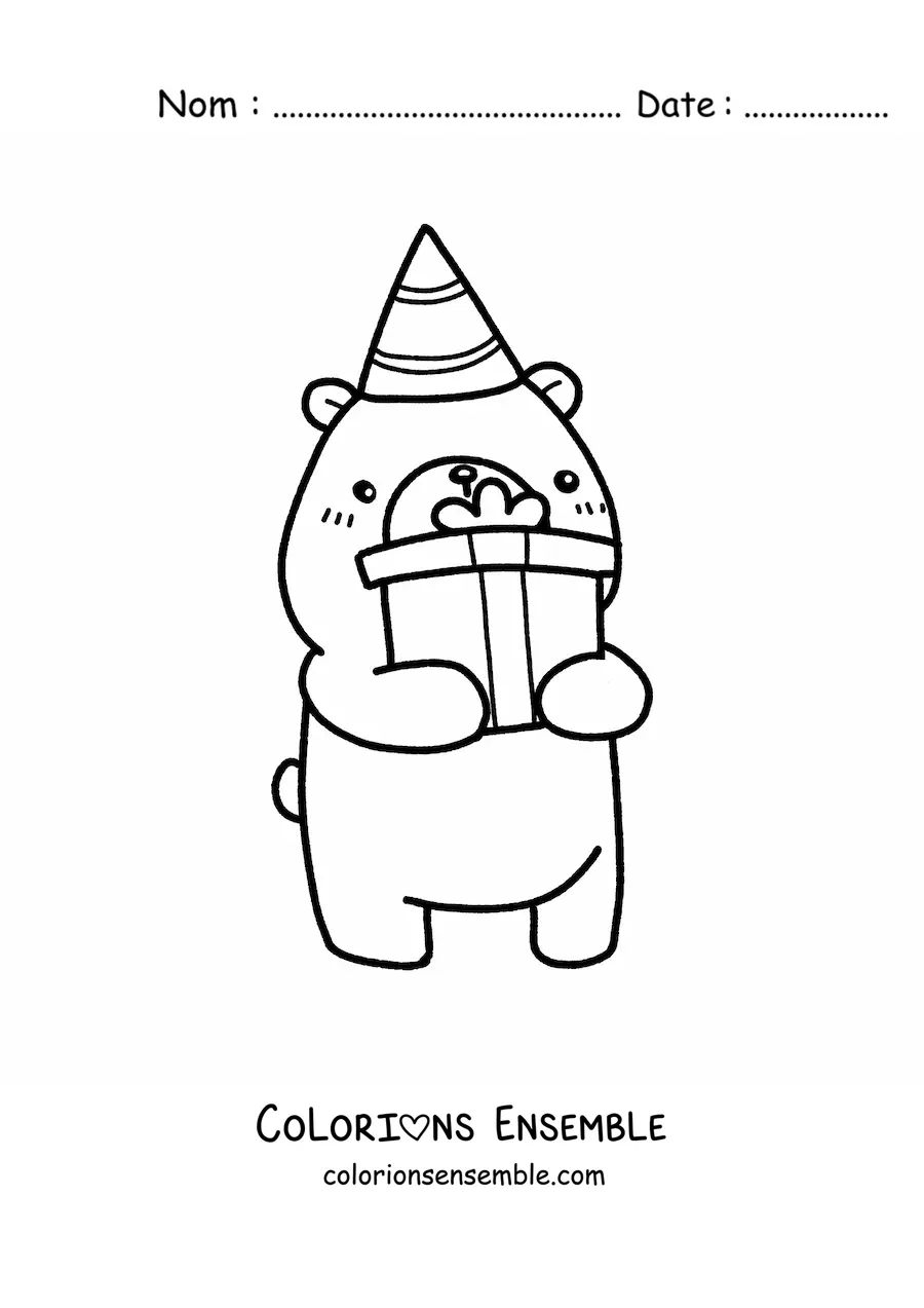 Image à colorier d'un ours d'anniversaire kawaii avec un cadeau et un chapeau de fête
