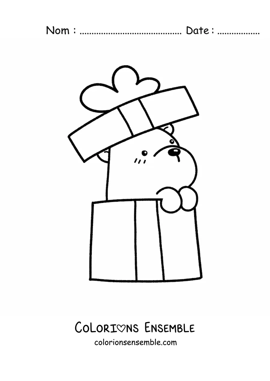 Image à colorier d'un ours d'anniversaire kawaii qui sort d'une boîte cadeau