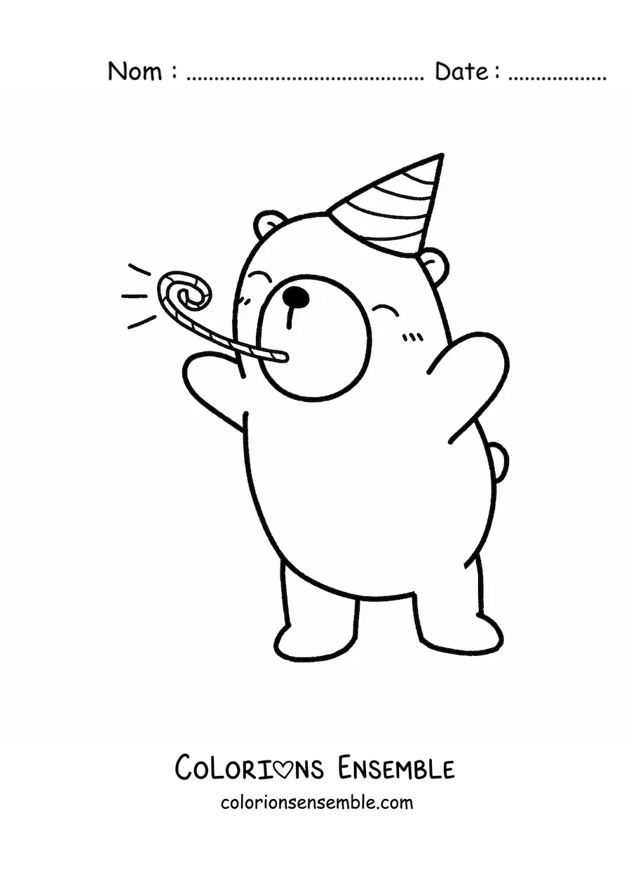Image à colorier d’un ours kawaii d’anniversaire qui fait la fête avec un chapeau et un mirliton