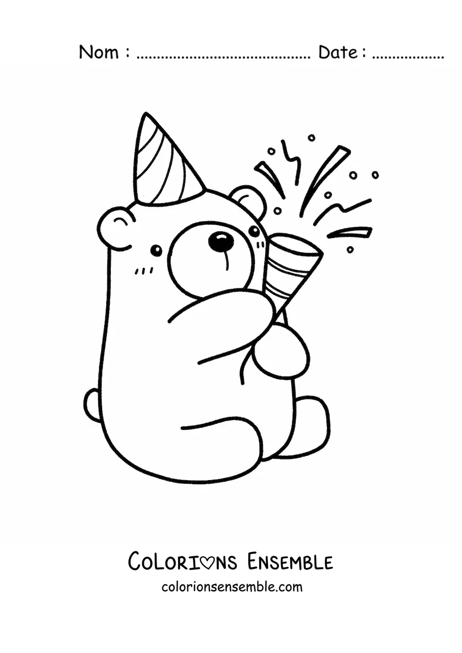 Image à colorier d’un ours kawaii d’anniversaire assis au milieu des confettis