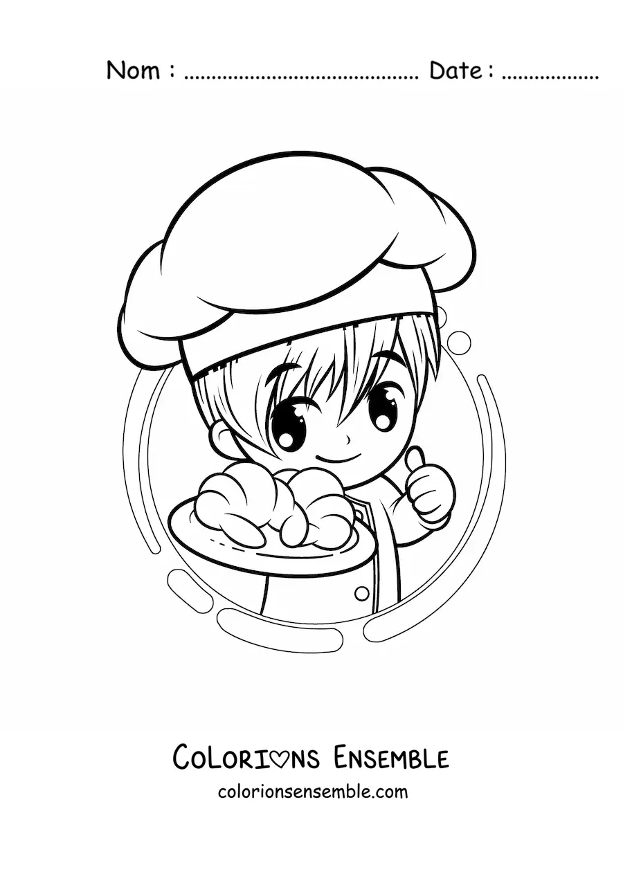 Image à colorier d’un garçon boulanger kawaii tenant un croissant