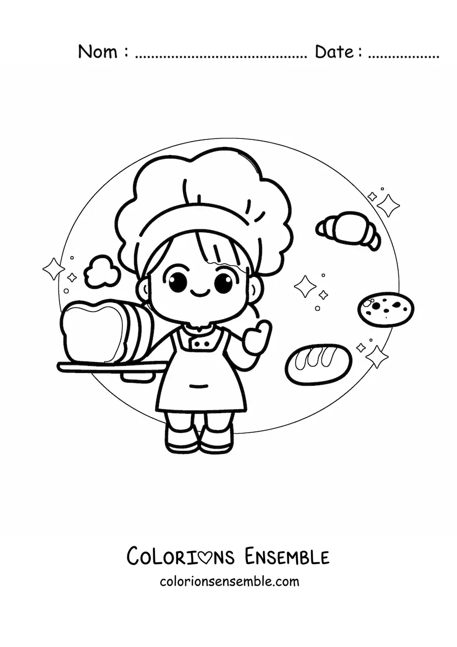 Image à colorier d’une boulangère kawaii avec un croissant et d’autres pains