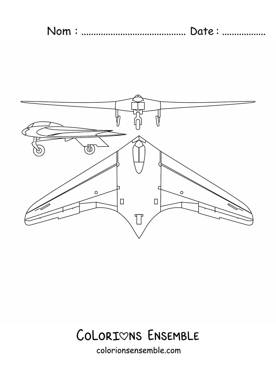 Image à colorier d'un avion de guerre vu de face, de dessus et de côté