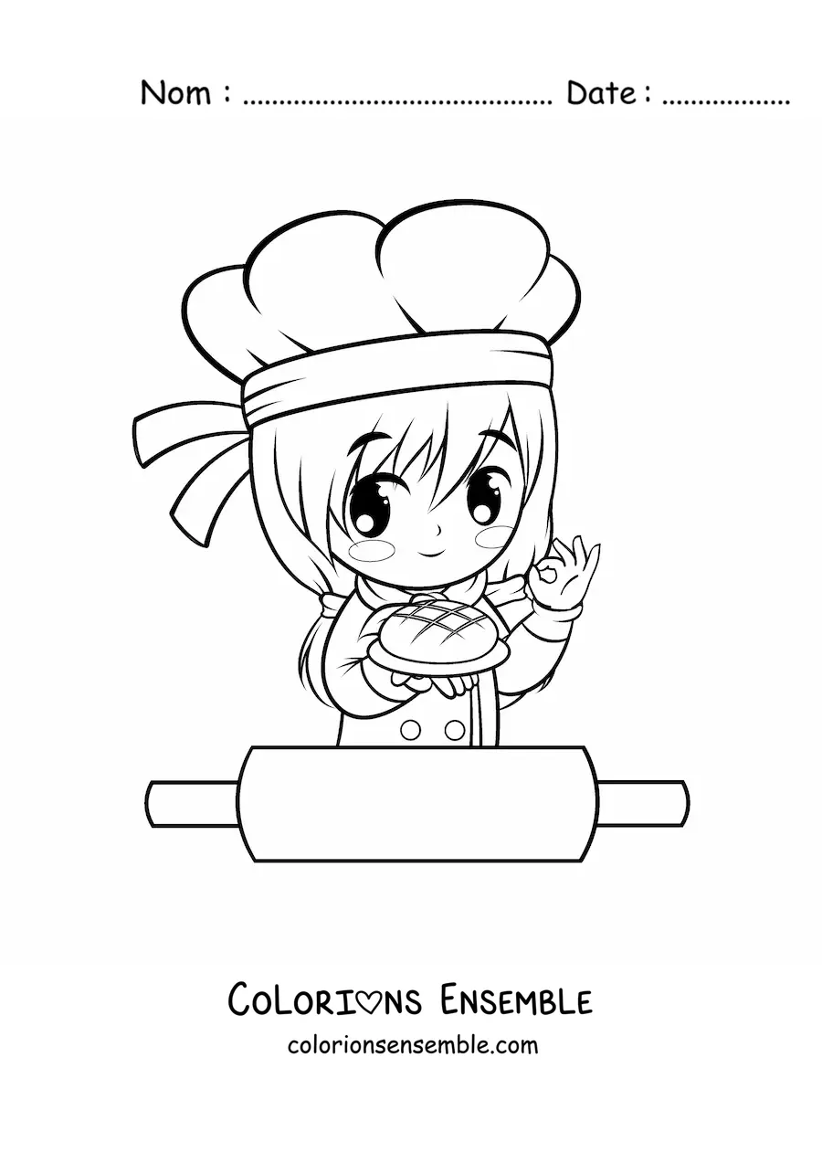 Image à colorier d’une fille boulangère kawaii avec un rouleau à pâtisserie