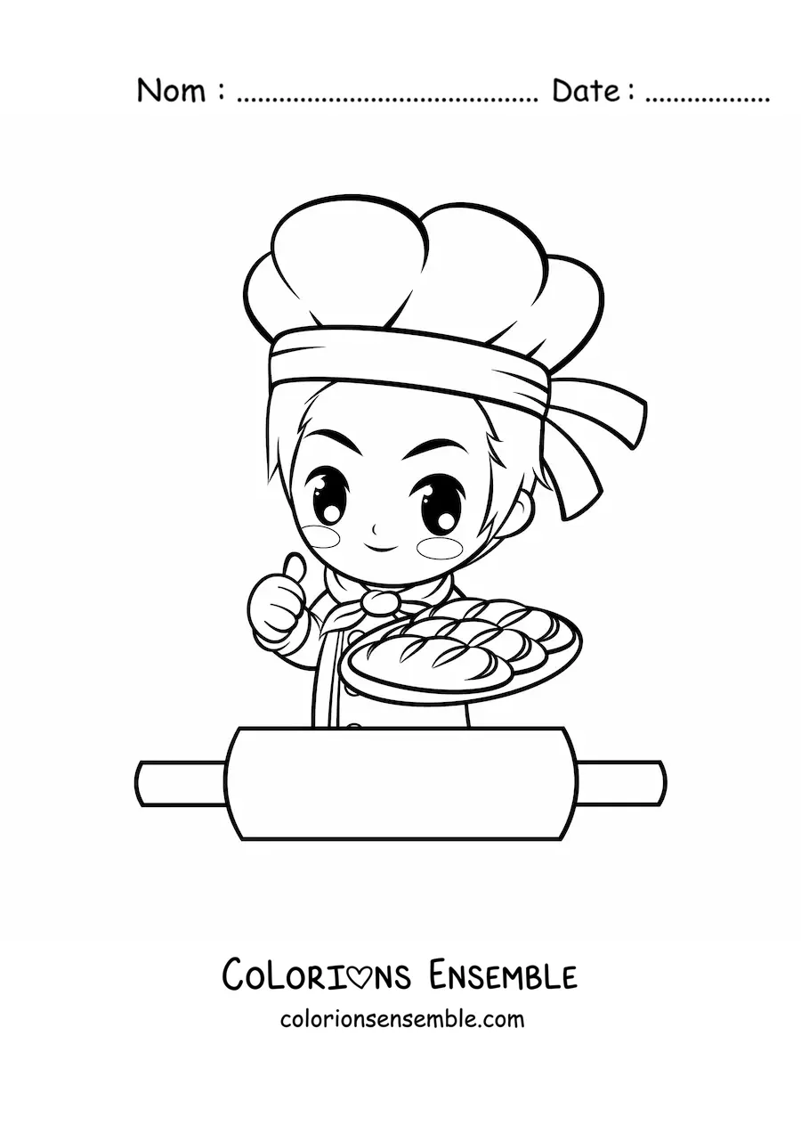 Image à colorier d’un chef boulanger kawaii avec un rouleau à pâtisserie
