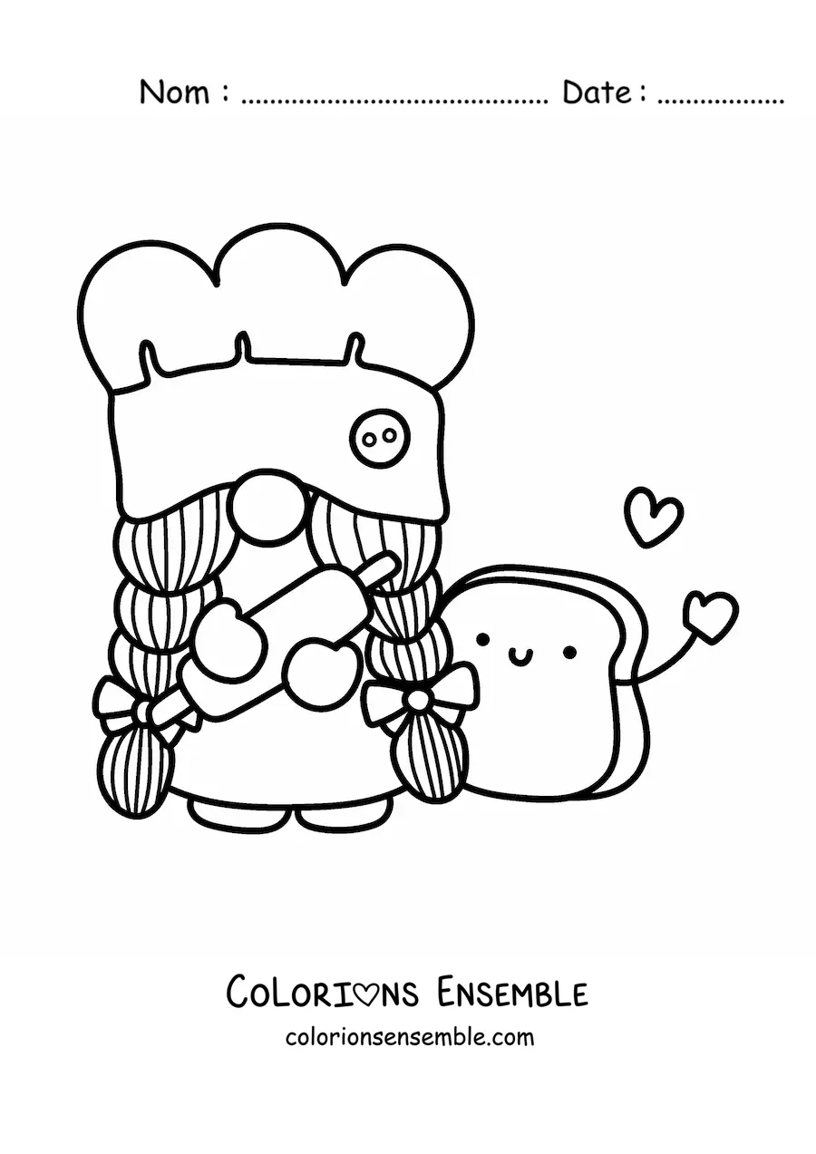 Image à colorier d’un gnome boulanger kawaii avec un rouleau à pâtisserie
