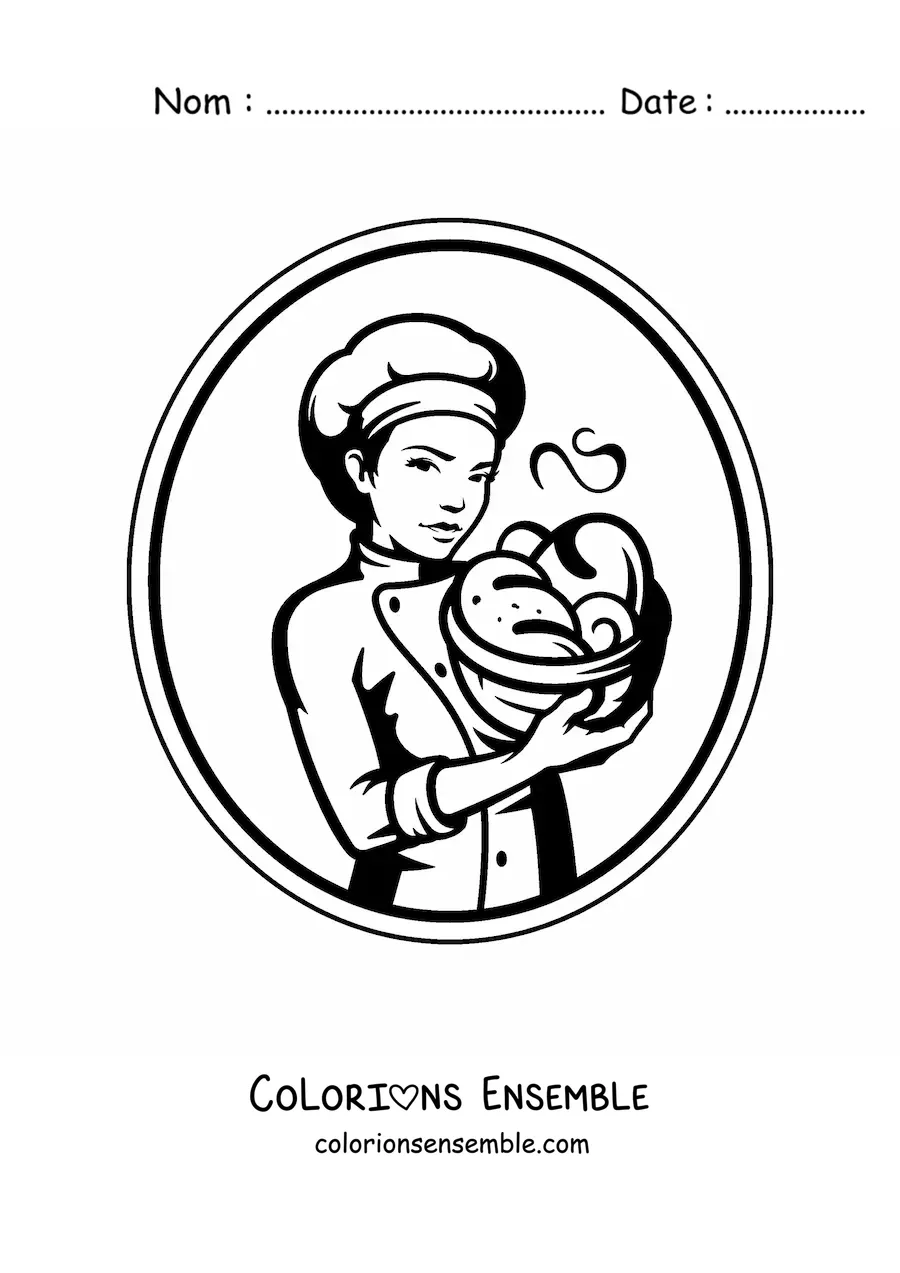 Image à colorier d’une boulangère, toute simple, avec un panier de pains