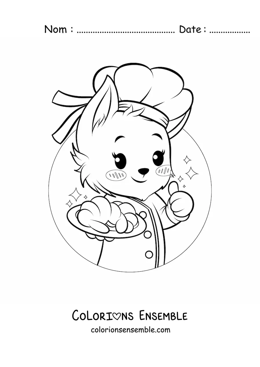Image à colorier d’un petit chien boulanger kawaii, style anime, avec un croissant