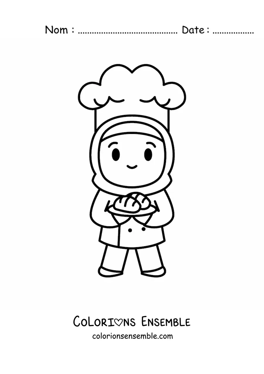 Image à colorier d’une fille boulangère kawaii musulmane