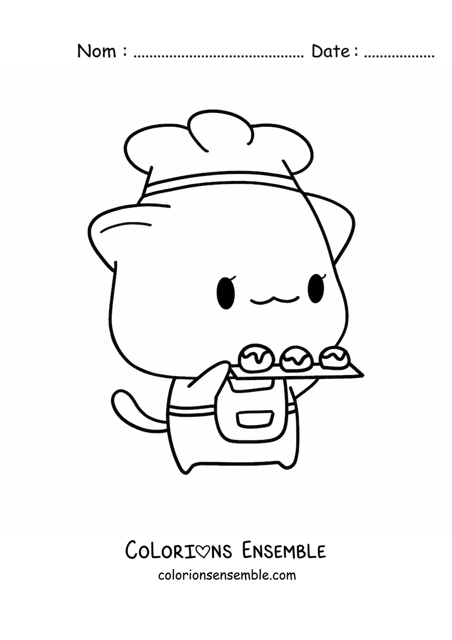 Image à colorier d’un petit chat boulanger kawaii, style anime, avec un plateau de desserts