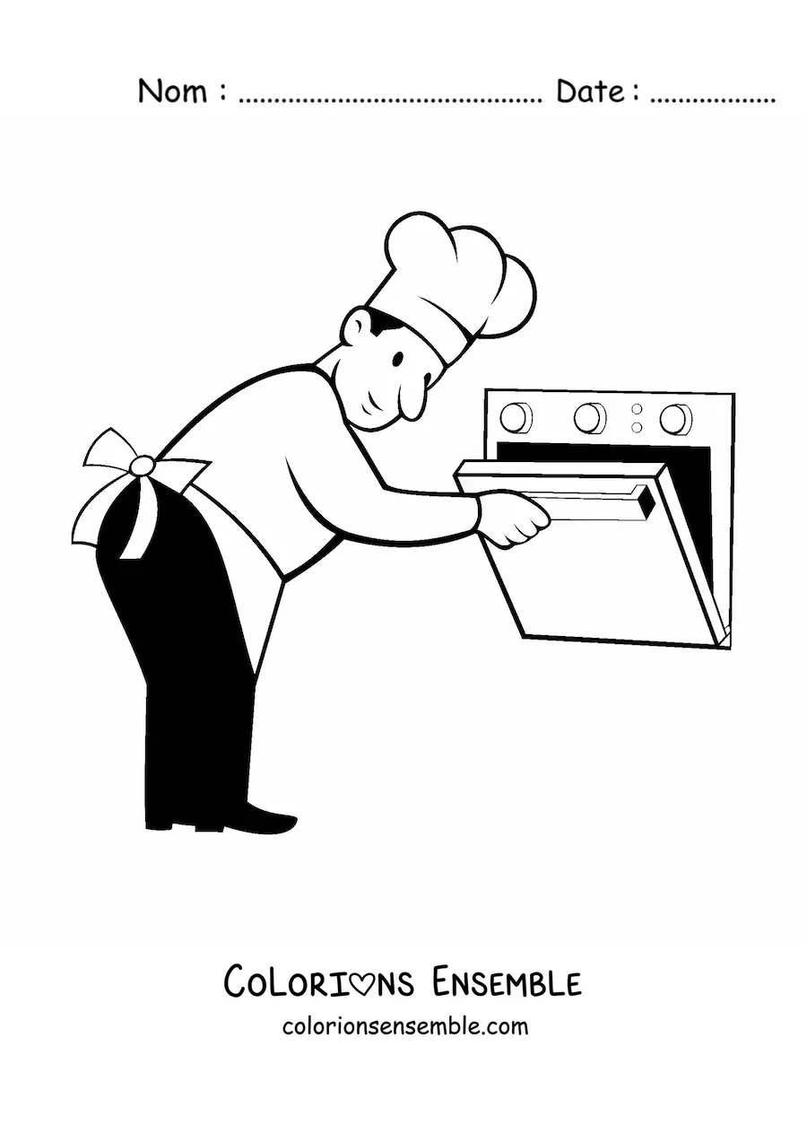 Image à colorier d’un chef boulanger qui ouvre le four