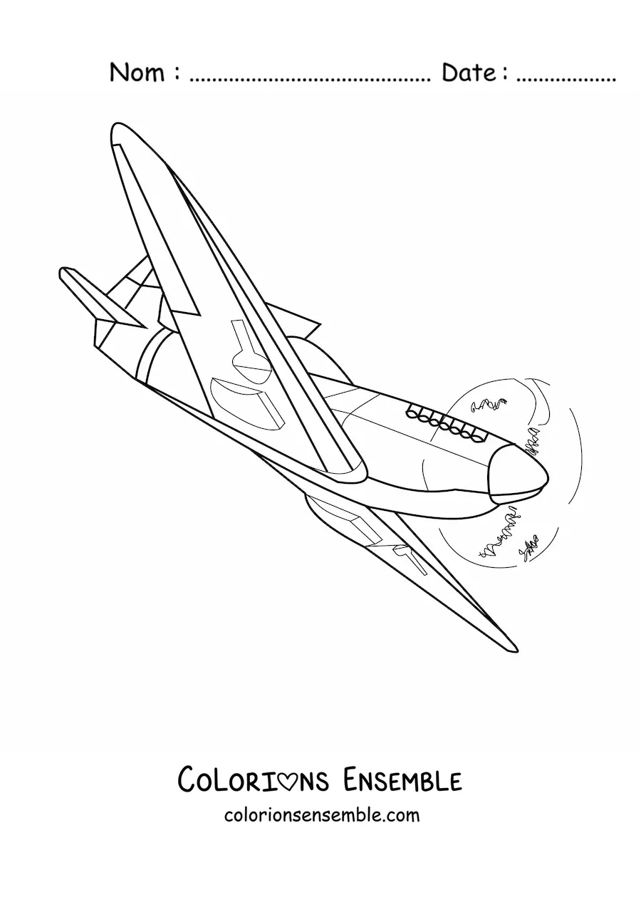 Image à colorier d'un avion de guerre qui vole de côté