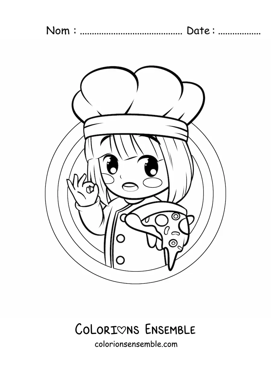 Image à colorier d’une fille cuisinière kawaii avec une pizza