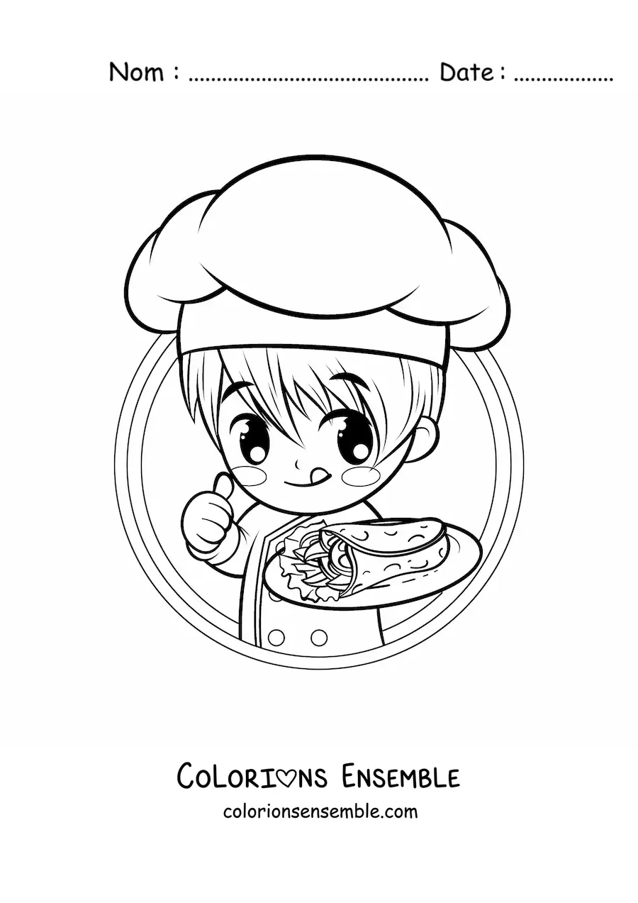 Image à colorier d’un garçon cuisinier kawaii avec un taco