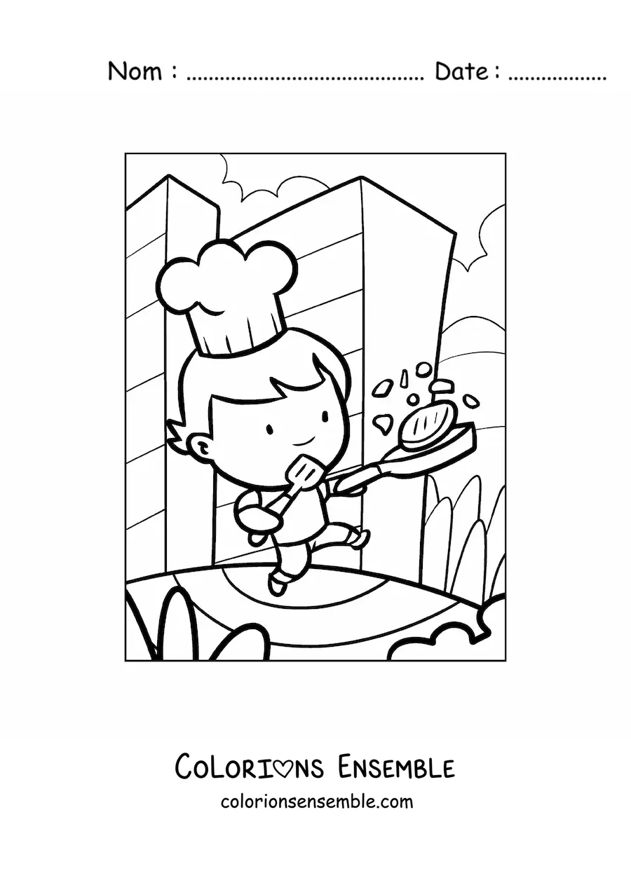 Image à colorier façon dessin animé d’un garçon cuisinier en train de cuisiner