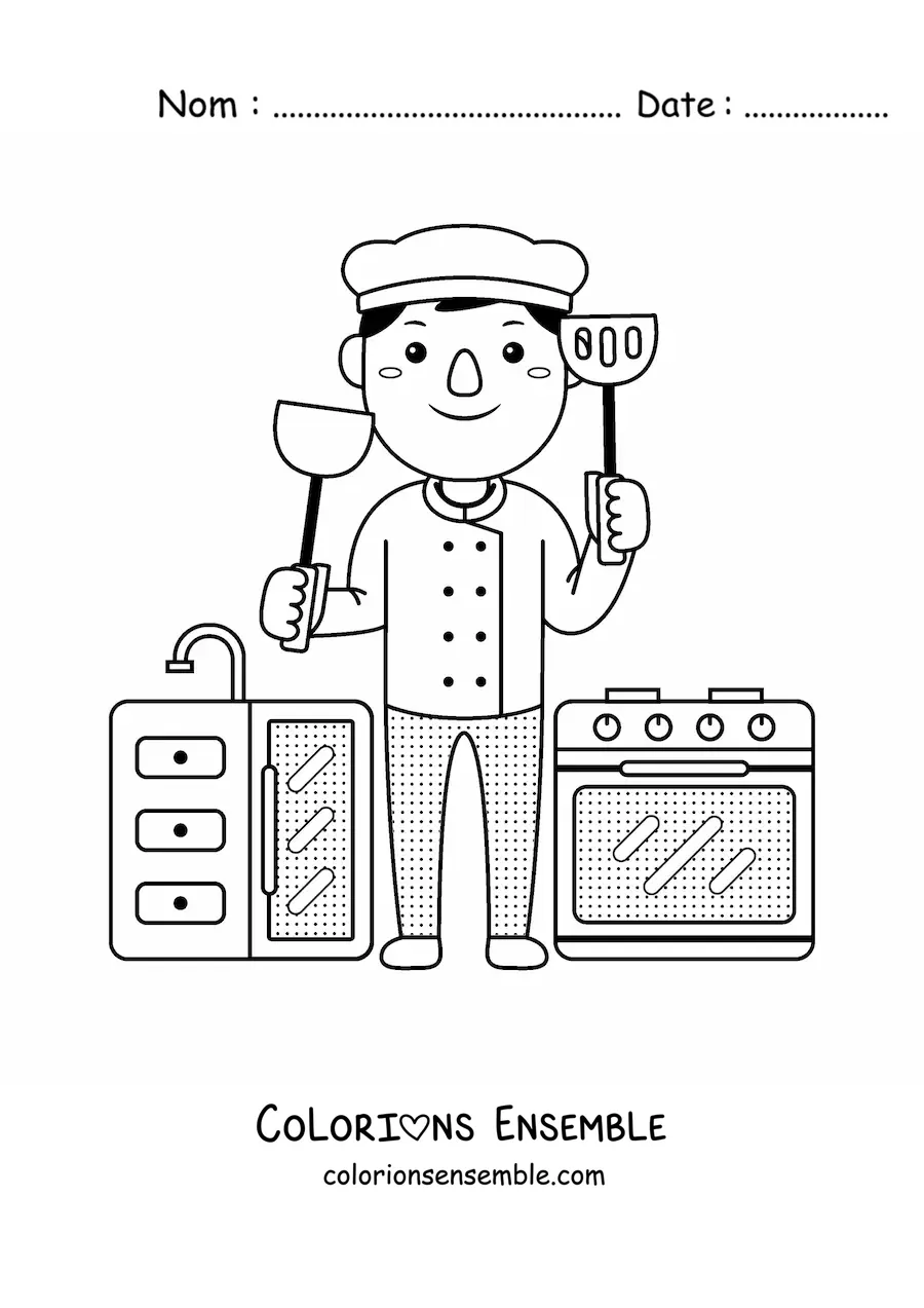 Image à colorier d’un cuisinier kawaii animé dans sa cuisine