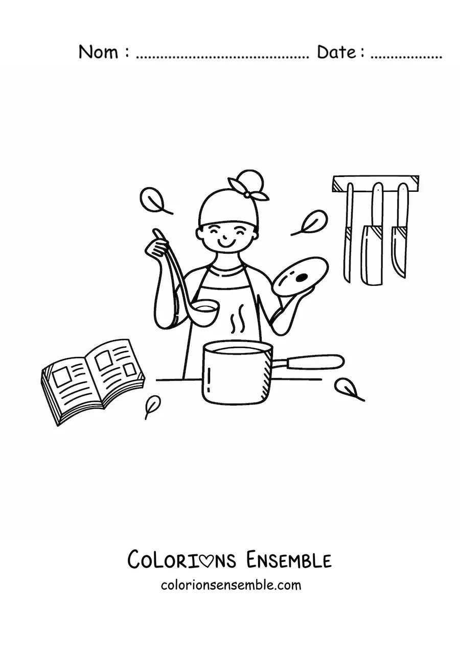 Image à colorier d’une fille qui prépare une soupe dans la cuisine