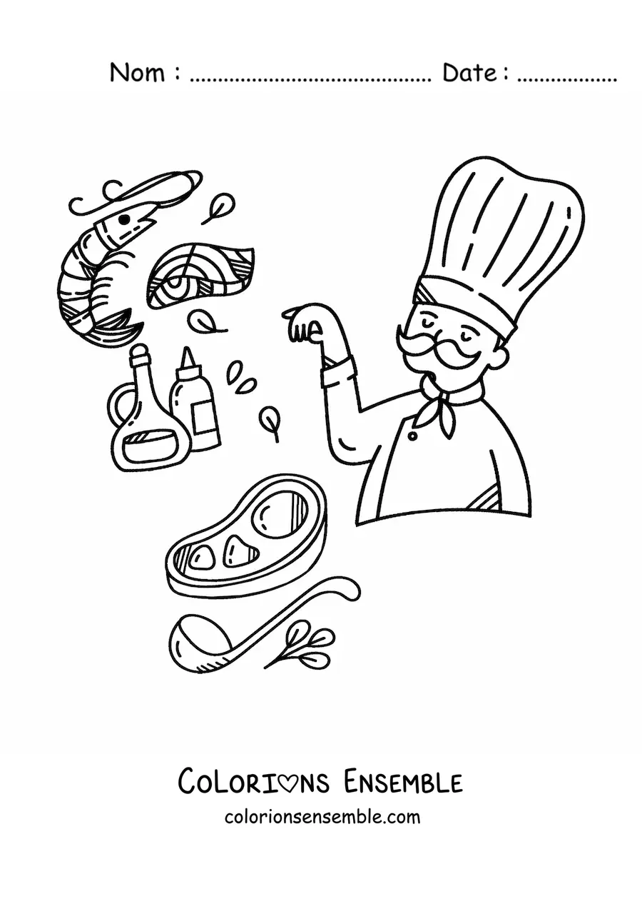Image à colorier d’un chef qui cuisine de la viande avec ses ingrédients