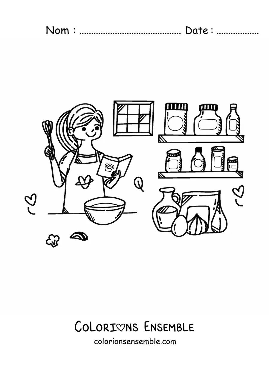 Image à colorier d’une fille qui prépare une soupe dans la cuisine avec un livre de recettes