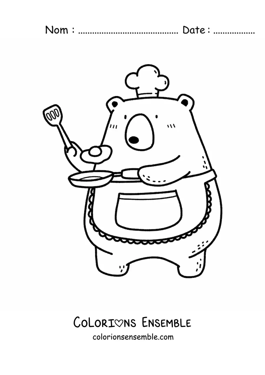Image à colorier d’un ours cuisinier kawaii animé en train de faire frire un œuf
