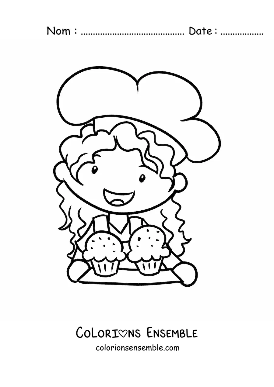 Image à colorier d’une fille cuisinière kawaii avec un plateau de cupcakes