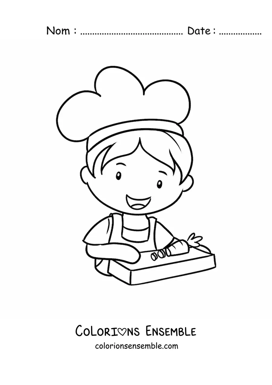 Image à colorier d’un garçon cuisinier kawaii qui coupe des légumes