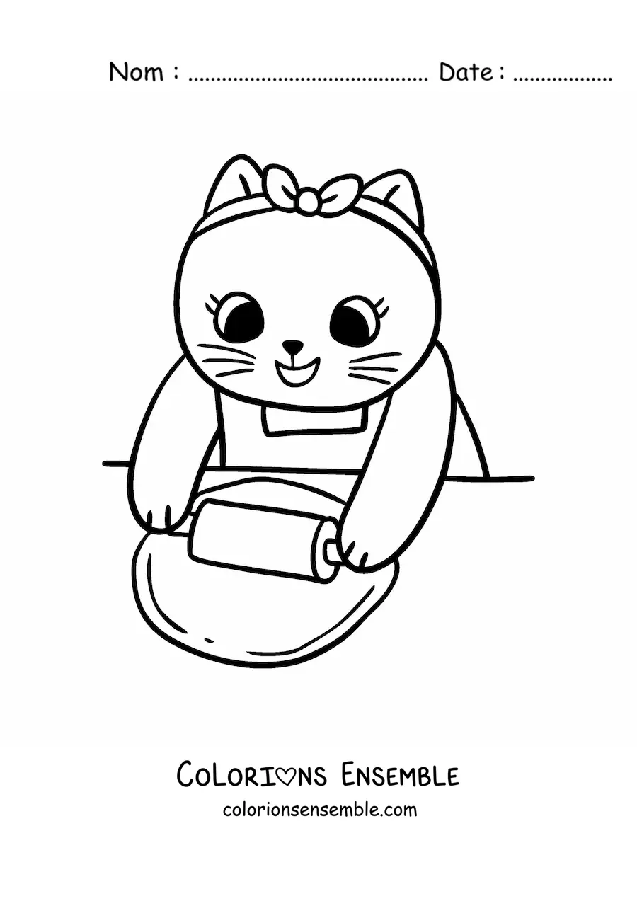 Image à colorier d’une chatte cuisinière kawaii animée qui étale une pâte avec un rouleau