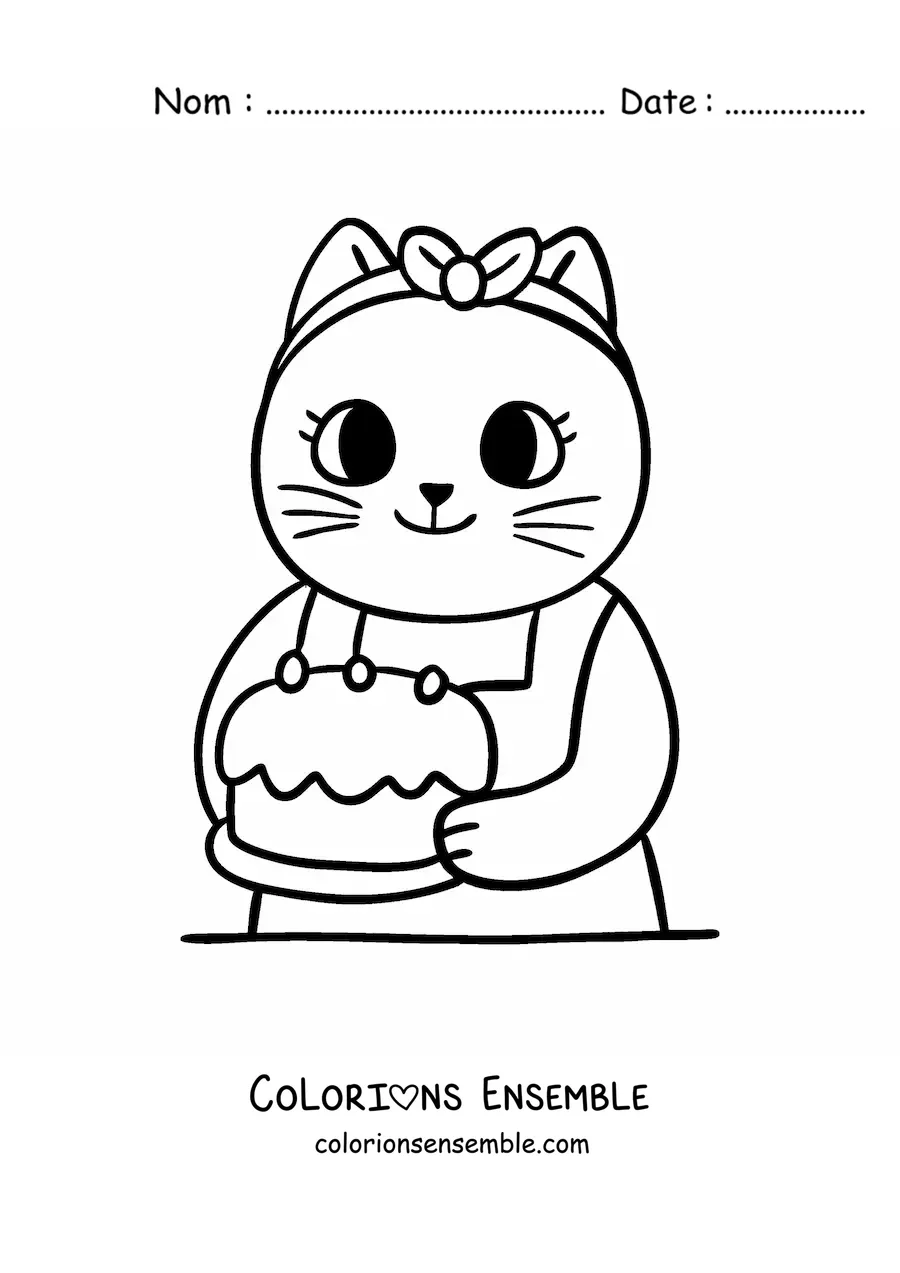Image à colorier d’une chatte cuisinière kawaii animée avec un gâteau