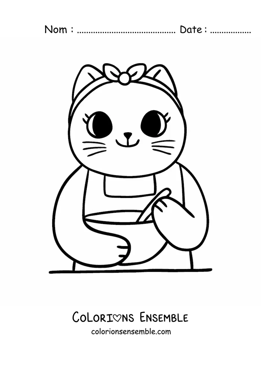 Image à colorier d’une chatte cuisinière kawaii animée en train de cuisiner