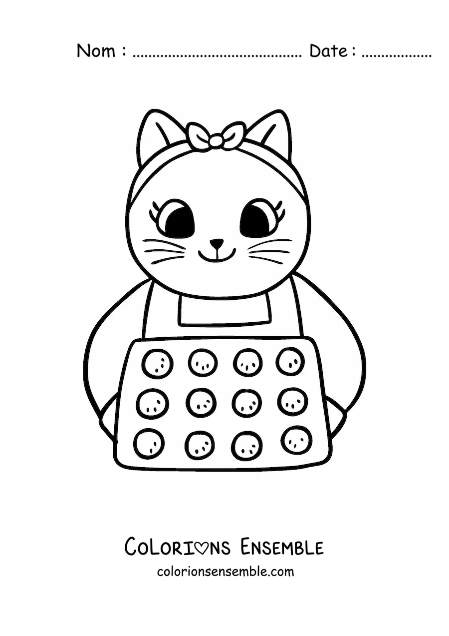 Image à colorier d’une chatte cuisinière kawaii animée qui fait cuire des cupcakes