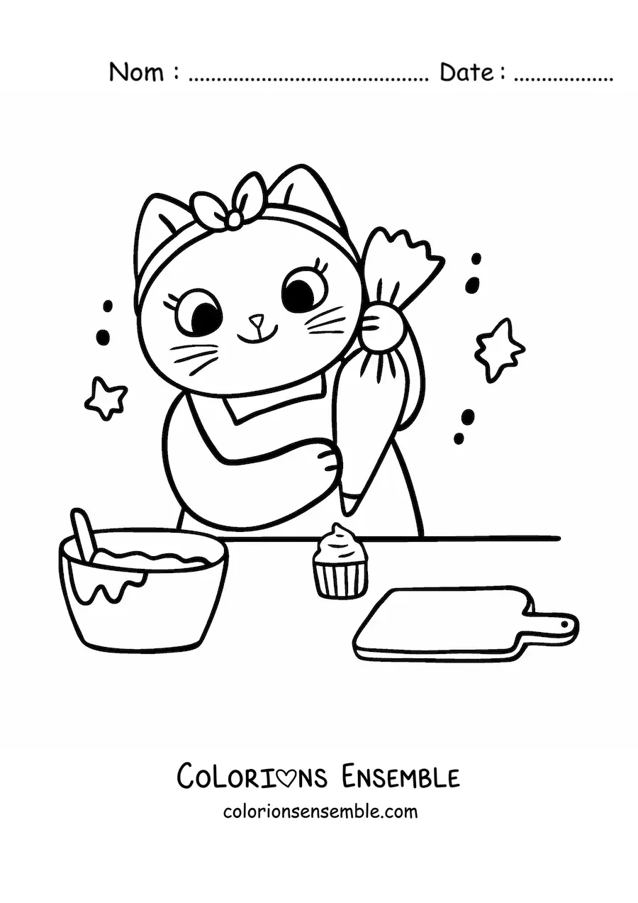 Image à colorier d’une chatte cuisinière kawaii animée qui décore des cupcakes dans la cuisine