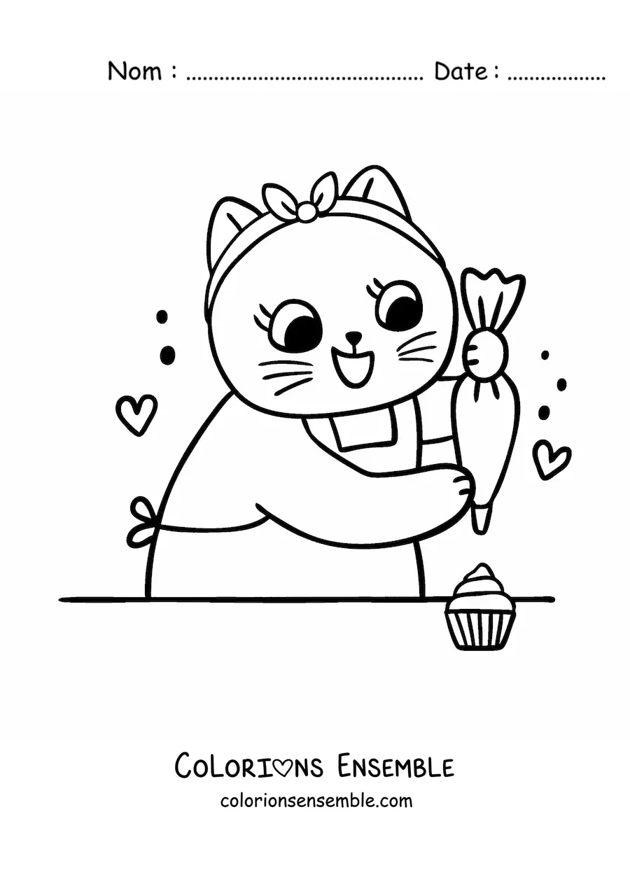 Image à colorier d’une chatte cuisinière kawaii qui décore des cupcakes