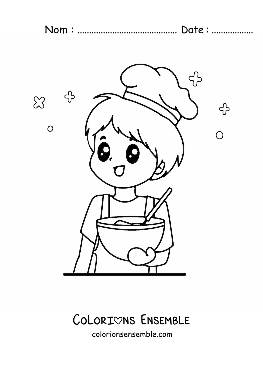 Image à colorier d’un chef kawaii animé en train de cuisiner