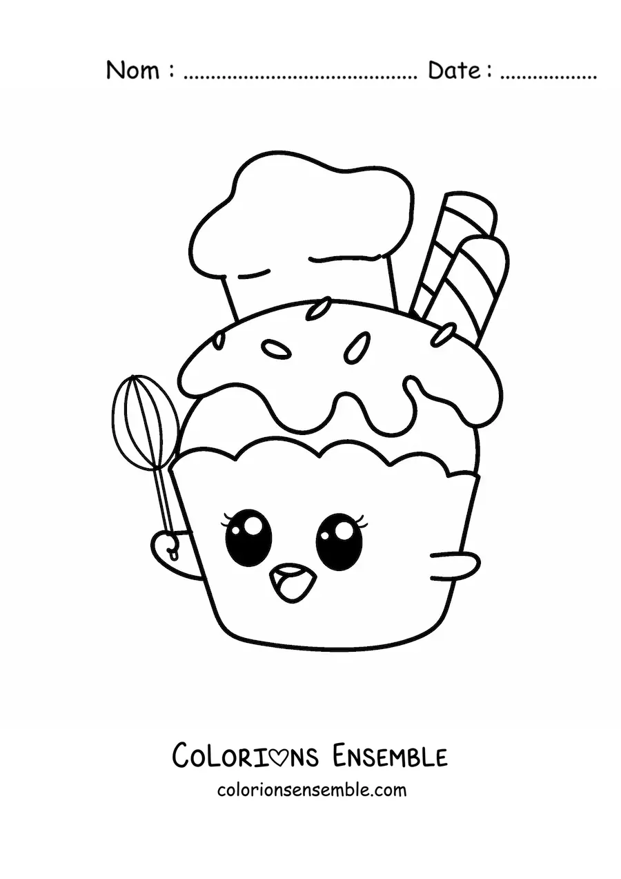 Image à colorier d’un chef cupcake kawaii animé avec un batteur