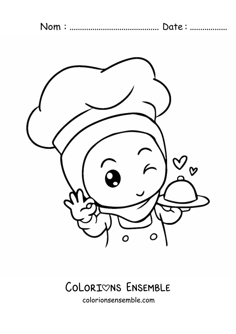 Image à colorier d’une cheffe musulmane kawaii animée