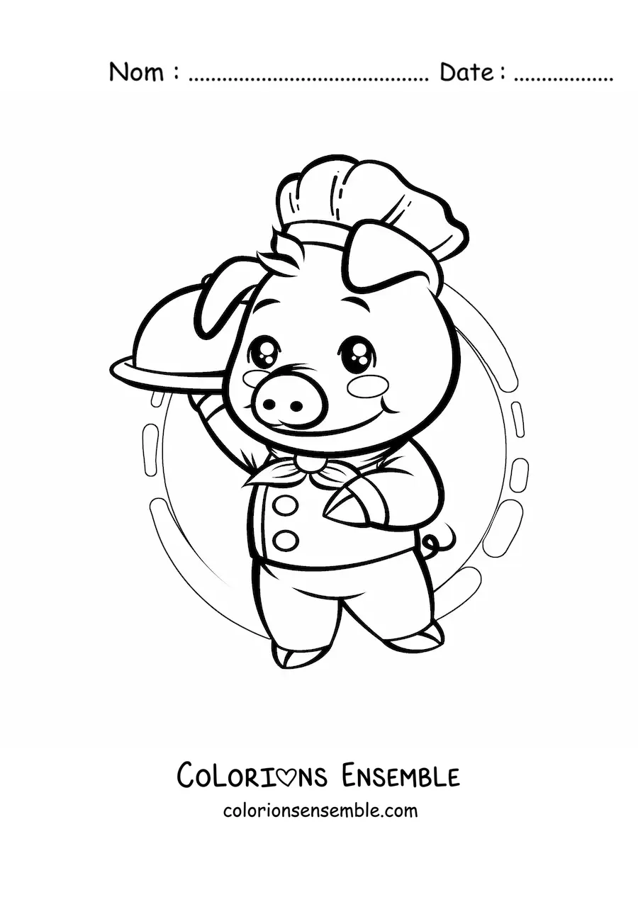 Image à colorier d’un chef cochon kawaii animé avec un plat sur un plateau