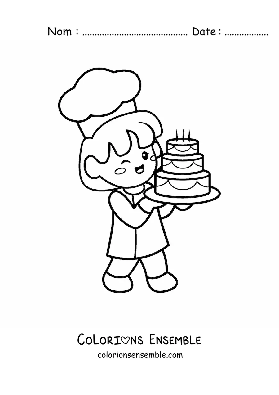 Image à colorier d’une cheffe pâtissière kawaii qui porte un gâteau