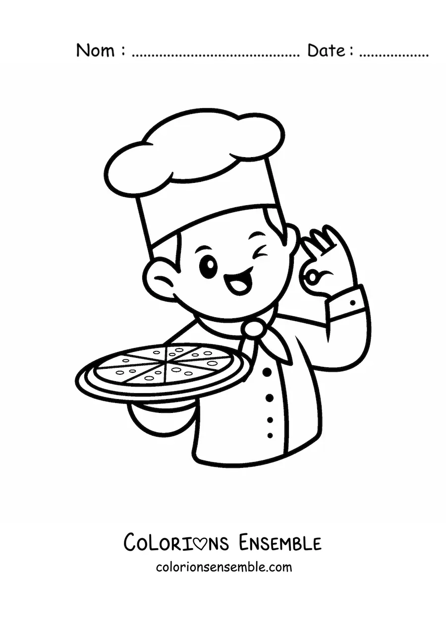 Image à colorier d’un chef pizzaïolo kawaii avec une pizza