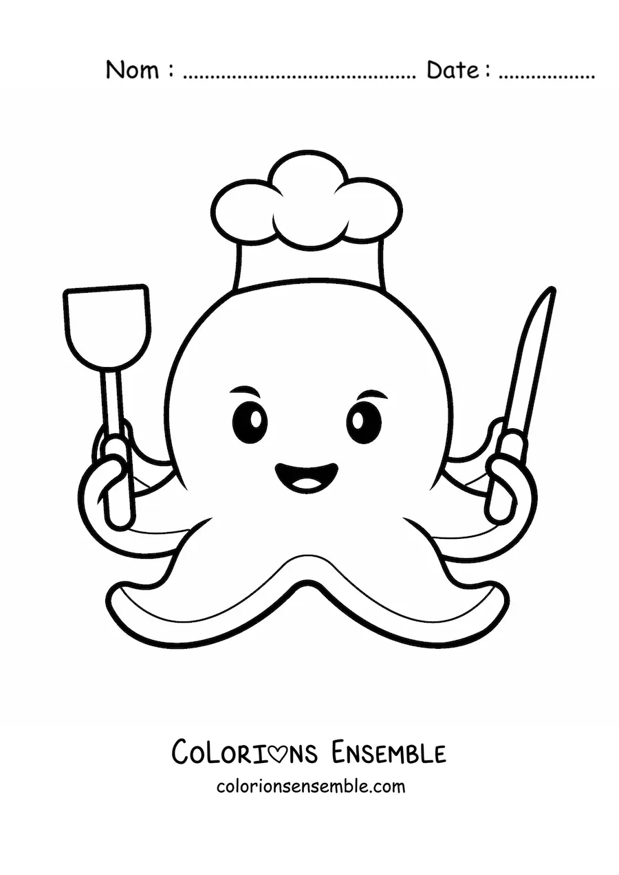 Image à colorier d’un chef pieuvre kawaii avec des ustensiles de cuisine